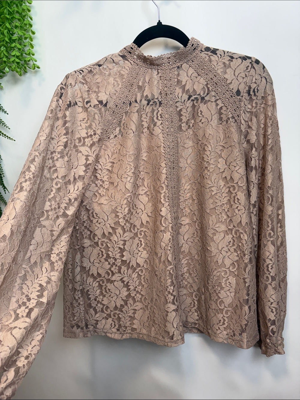 Cable & Gauge Taupe Floral Lace High-Neck Blouse